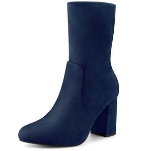 Rounded Toe Block Heeled Foldable Navy Blue Ankle Boots